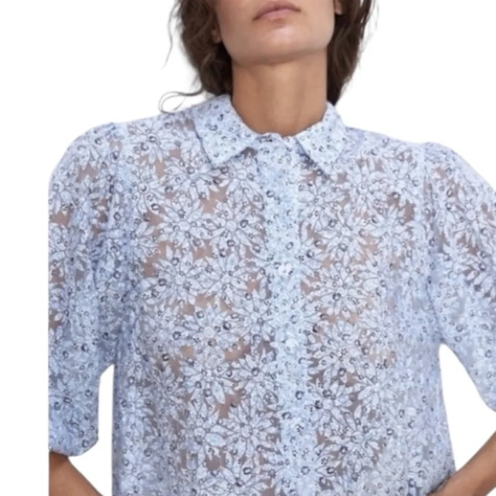 Zara Puff Sleeves Blue and White Floral Semi Sheer  Cropped Top